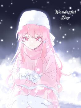 1girl blurry blurry_background closed_mouth commentary english_commentary hat highres jacket lolialea long_hair pink_eyes pink_hair pink_jacket pink_scarf pink_skirt scarf skirt smile snow snowing solo white_hat