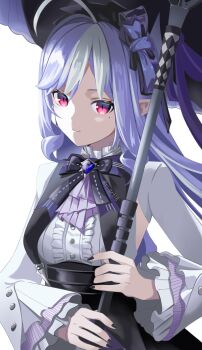 1girl absurdres ascot black_nails bow bowtie breast_curtains breasts center_frills closed_mouth commentary drill_hair drill_sidelocks frills gem hairband highres holding holding_umbrella long_hair looking_at_viewer medium_breasts mole mole_under_eye pointy_ears purple_ascot purple_bow purple_bowtie purple_gemstone purple_hair purple_hairband purple_umbrella riarts16 shrug_(clothing) sideboob_cutout sidelocks simple_background smile solo symbol-only_commentary twitter_username umbrella upper_body vivian_banshee white_background white_shrug zenless_zone_zero