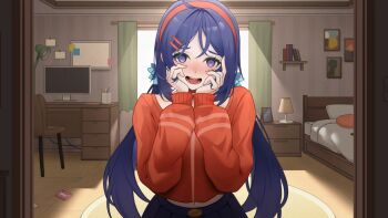 1girl arc2urus bed bedroom blue_eyes blue_hair blue_skirt commentary commission computer crazy_mita_(miside) curtains desk_lamp hair_ornament hairband indoors lamp long_hair long_sleeves looking_at_viewer low_twintails midriff_peek miside mita_(miside) monitor open_mouth puffy_long_sleeves puffy_sleeves red_hairband red_shirt shirt skirt smile solo teeth twintails upper_teeth_only wardrobe yandere yandere_trance