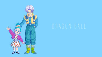 1boy 1girl :d aqua_hair artist_request black_footwear blue_background blue_eyes bowl_cut bra_(dragon_ball) brother_and_sister child copyright_name dragon_ball dragon_ball_xenoverse dragonball_z dress full_body green_footwear green_pants grey_shirt hair_pulled_back hand_in_pocket headpat high_ponytail highres jacket loading_screen looking_at_another looking_down mary_janes muscular muscular_male official_art official_wallpaper open_mouth pants parted_hair polka_dot polka_dot_dress ponytail purple_hair red_jacket shirt shoes siblings smile third-party_source trunks_(dragon_ball) velcro_footwear vest waving yellow_vest