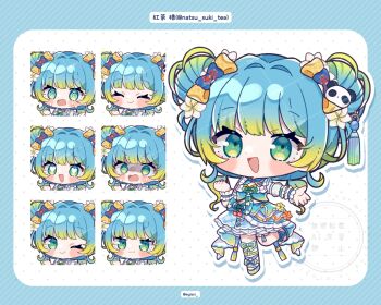 1girl :3 :d ;) @_@ ^_^ blue_border blue_dress blue_hair blue_shoes blush_stickers border bow character_name closed_eyes closed_mouth commentary_request double_bun dress drop_shadow egissi flower frilled_dress frills full_body gradient_hair green_hair hair_bow hair_bun hair_flower hair_ornament heart heart-shaped_pupils highres indie_virtual_youtuber koucha_(vtuber) looking_at_viewer multicolored_hair multiple_views one_eye_closed open_mouth outside_border outstretched_arm sample_watermark shaded_face shoes short_hair smile standing standing_on_one_leg sweat symbol-shaped_pupils twitter_username v-shaped_eyebrows virtual_youtuber watermark watermark_grid white_background wrist_cuffs yellow_bow
