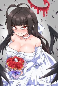 1girl absurdres bags_under_eyes bare_shoulders black_nails black_wings blood blood_halo blue_archive blush bouquet breasts brown_hair choker cleavage commentary_request devil_yanghyeok dress earrings feathered_wings feathers flower from_above halo happy highres holding holding_bouquet jewelry large_breasts liquid_halo long_hair looking_at_viewer looking_up melting_halo nervous_smile off-shoulder_dress off_shoulder red_eyes red_flower red_halo red_rose ringed_eyes rose smile solo standing strapless strapless_dress tsurugi_(blue_archive) tsurugi_(dress)_(blue_archive) very_long_hair white_choker white_dress wings