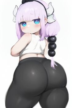 1girl ass black_pants blue_eyes blush dragon_girl dragon_horns female_focus highres horns huge_ass kanna_kamui kobayashi-san_chi_no_maidragon kyojiri_loli loli looking_back pants purple_hair simple_background solo spread_legs tight_clothes tight_pants ttt_artia white_background