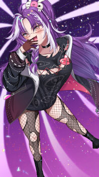1girl absurdres black_boots black_choker black_dress black_jacket black_nails blush boots breasts brown_gloves choker cleavage cleavage_cutout clothing_cutout dress fishnet_pantyhose fishnets gloves grey_eyes highres hossy jacket jared_(michi_mochievee) long_hair looking_at_viewer medium_breasts michi_mochievee michi_mochievee_(1st_costume) multicolored_hair nail_polish open_mouth pantyhose ponytail purple_hair smile solo streaked_hair torn_clothes torn_pantyhose very_long_hair virtual_youtuber vshojo white_hair