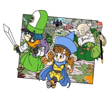 1girl 2boys :d alena_(dq4) balding beard black_gloves black_leggings blue_cape blue_hair blue_hat blue_sky blunt_bangs blunt_ends boots brey brown_shoes buttons cape castle clenched_hands clift coat curly_hair double-breasted dragon_quest dragon_quest_iv eyeshadow facial_hair fenyon forest gloves green_coat green_robe hat highres holding holding_staff holding_sword holding_weapon holly leggings lime_slime long_hair makeup mitre multiple_boys nature old old_man open_mouth orange_boots orange_eyes orange_eyeshadow orange_gloves orange_hair orange_lips orange_scarf outdoors overcoat profile robe scarf she-slime shoes short_hair sky slime_(dragon_quest) smile staff sweatdrop sword toriyama_akira_(style) tunic weapon white_facial_hair yellow_tunic
