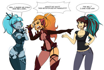 3girls artist_self-insert black_sclera blue_eyes blue_hair blue_sclera blue_skin breasts brown_hair center_opening cleavage cleavage_cutout clothing_cutout colored_sclera colored_skin english_text finger_to_mouth gloves hand_on_own_hip hizzacked long_hair multicolored_hair multiple_girls nail_polish orange_hair original pointing ponytail thighhighs two-tone_hair yellow_eyes