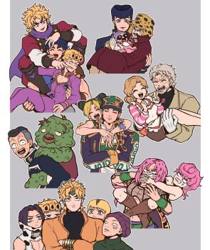 4girls 6+boys anger_vein apron arm_tattoo arms_around_neck baby beanie beard bib black_hair blank_eyes blue_eyes blue_hair boots border bracelet braid braided_bun brown_hair carrying carrying_baby carrying_person cheek_poking cleavage_cutout clenched_teeth closed_eyes clothing_cutout coat commentary_request cropped_torso crossed_arms diamond_wa_kudakenai diavolo dio_brando donatello_versus double_bun earrings facial_hair father_and_daughter father_and_son frilled_apron frills giorno_giovanna glasses gloves green_eyes grey_hair hair_bun hat higashikata_josuke high_collar highres hug hug_from_behind jewelry jojo_no_kimyou_na_bouken jonathan_joestar joseph_joestar joseph_joestar_(old) kabutom_ue_shi kujo_holy kuujou_jolyne kuujou_joutarou lipstick makeup multicolored_hair multiple_boys multiple_girls nijimura's_father nijimura_okuyasu onesie open_clothes open_coat open_mouth outline outside_border phantom_blood pince-nez pink_hair poking pompadour princess_carry purple_hair red_eyes rikiel scarf see-through_clothes see-through_shirt shirt shizuka_joestar short_hair shoulder_carry skirt smile stardust_crusaders stone_ocean strangling striped_clothes striped_shirt sunglasses tattoo teeth trish_una undercut ungaro v vento_aureo white_border white_outline wristband yellow_eyes