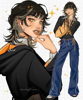 1girl aegyo_sal arms_behind_back bag baggy_pants black_coat black_shirt blonde_streaks boots brown_hair chain chain_belt choppy_bangs coat collar collared_shirt colored_inner_hair cord_choker denim ear_piercing earrings eyelashes fashion four-pointed_star gold_chain grey_collar grid_background hair_behind_ear hair_ornament head_rest highres hogwarts_school_uniform hood hooded_coat hufflepuff jeans jewelry long_sleeves looking_at_viewer messy_hair mole mole_on_cheek mole_on_forehead mole_on_hand mole_on_neck mole_under_each_eye mole_under_eye multicolored_hair multiple_moles multiple_views neckerchief no_pupils original pants parted_lips piercing school_uniform shirt shirt_tucked_in shoulder_bag sleeves_past_wrists standing star_(symbol) star_hair_ornament streetwear striped_neckerchief stud_earrings thick_eyebrows thick_lips twitter_username two-tone_hair white_background white_boots wolf_cut yellow_bag yellow_eyes yellow_neckerchief zeebythesea