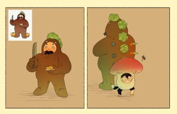 1boy 1girl back-to-back blush cabbage carrot constricted_pupils curious cutystuffy dungeon_meshi dwarf facial_hair full_body golem_costume highres holding holding_plate izutsumi looking_ahead mushroom_costume mustache official_alternate_costume plate reference_inset senshi_(dungeon_meshi) split_screen standing thick_mustache