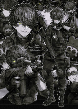 Rule 34 | 1boy, assault rifle, black boots, black gloves, black pants, boots, bulletproof vest, chibi, chibi inset, facial hair, finger on trigger, fingerless gloves, gloves, gun, hair over one eye, highres, holding, holding gun, holding weapon, holster, honi (ohohoni), knee pads, lace-up boots, load bearing vest, male focus, mole, mole under eye, monochrome, one eye covered, original, pants, pouch, rifle, scar, short hair, smile, stuffed animal, stuffed toy, sunglasses, thigh holster, thigh pouch, trigger discipline, weapon, yellow eyes