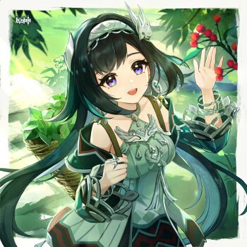 1girl :d absurdres bare_shoulders berry black_hair bracelet breasts chinese_commentary commentary_request copyright_name dress earrings genshin_impact green_dress hairband halter_dress halterneck hand_up highres jewelry lan_yan_(genshin_impact) long_hair long_sleeves off_shoulder official_art open_mouth purple_eyes ring small_breasts smile upper_body very_long_hair