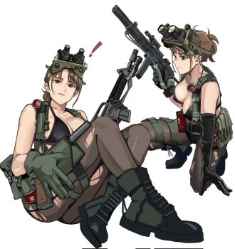! 1girl ass assault_rifle black_pantyhose body_freckles boots breast_freckles breasts brown_hair cleavage closed_mouth colt_commando combat_boots eyewear_on_head freckles gloves gun handgun highres m1911 medium_breasts metal_gear_(series) metal_gear_solid_v:_the_phantom_pain multiple_views night_vision_device pantyhose quiet_(metal_gear) rifle shoulder_freckles simple_background smile squatting torn_clothes torn_pantyhose wani_(perfect_han) weapon white_background