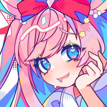 1girl absurdres agnes_digital_(umamusume) animal_ears bee_sempai blue_eyes blush bow commentary drooling english_commentary hair_bow halftone hand_on_own_cheek hand_on_own_face heart heart-shaped_pupils highres horse_ears horse_girl long_hair looking_at_viewer mouth_drool nose_blush open_mouth pink_hair portrait school_uniform smile solo star_(symbol) sweat symbol-shaped_pupils tracen_school_uniform two_side_up umamusume