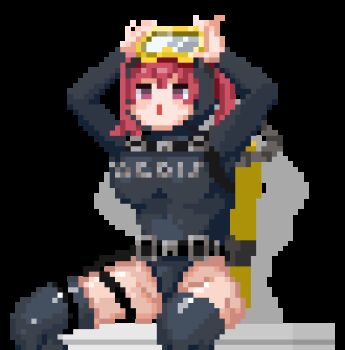 animated animated_gif artist_collaboration breasts dave_the_diver diving_suit game_cg goddess_of_victory:_nikke goggles goggles_on_head highleg highleg_one-piece_swimsuit large_breasts mast_(mast_the_diver)_(nikke) mast_(nikke) no_panties official_art one-piece_swimsuit oxygen_tank pixel_art purple_eyes red_hair shiny_skin simple_background sitting thick_thighs thighhighs thighs twintails