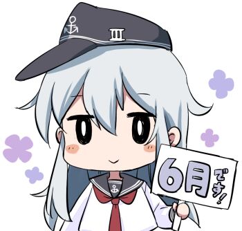 1girl anchor_symbol black_eyes black_hat black_sailor_collar blue_hair blush_stickers chibi chibi_only commentary_request double-parted_bangs flat_cap hair_between_eyes hat hat_pin hibiki_(kancolle) holding holding_sign kantai_collection long_hair long_sleeves looking_at_viewer motohara_moka neckerchief red_neckerchief sailor_collar shirt sidelocks sign simple_background smile solo upper_body white_background white_shirt