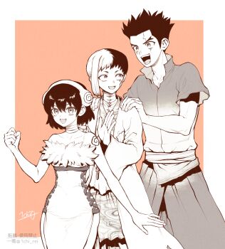 1girl 2boys asagiri_gen black_hair breasts cross-laced_clothes dr._stone dress fur_trim greyscale_with_colored_background hands_on_another&#039;s_shoulders highres monochrome multicolored_hair multiple_boys multiple_girls ninomae_gin ogawa_yuzuriha ooki_taiju open_mouth scar short_hair smile split-color_hair two-tone_hair