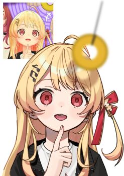 1girl ahoge black_jacket blonde_hair commentary_request eighth_note fortissimo hair_ornament hair_ribbon highres hololive hololive_dev_is jacket long_hair musical_note musical_note_hair_ornament one_side_up open_mouth otonose_kanade red_eyes red_ribbon reference_inset ribbon shirt simple_background solo teeth upper_teeth_only virtual_youtuber white_background white_shirt yomogisan_comet