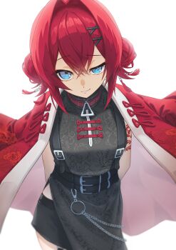 1girl absurdres ange_katrina ange_katrina_(7th_costume) arm_tattoo arms_behind_back belt black_belt black_dress black_shorts blue_eyes chain china_dress chinese_clothes closed_mouth cowboy_shot crossed_bangs double-parted_bangs double_bun dress floral_print floral_print_dress floral_print_jacket gradient_eyes hair_between_eyes hair_bun hair_intakes hair_ornament hairpin hashtag-only_commentary highres jacket jacket_on_shoulders looking_at_viewer multicolored_eyes multiple_belts multiple_hairpins nijisanji nocnoshi pankou print_dress purple_eyes red_hair red_jacket shorts side_slit simple_background sleeveless sleeveless_dress smile solo split_mouth tassel tassel_hair_ornament tattoo uneven_eyes virtual_youtuber white_background