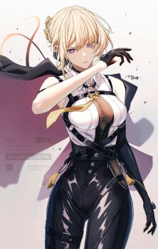 1girl absurdres arm_strap artist_name black_pants blonde_hair breasts chest_harness commentary_request elbow_gloves evelyn_chevalier gloves hair_up half_gloves harness high-waist_pants highres jacket jacket_on_shoulders large_breasts long_ribbon mole mole_under_eye nagae_yama necktie pants purple_eyes see-through_cleavage see-through_clothes simple_background single_elbow_glove single_half_glove solo tight_clothes tight_pants uneven_bangs white_background yellow_necktie zenless_zone_zero