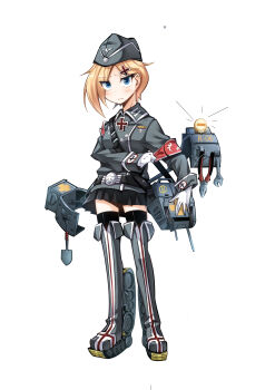 1girl absurdres black_skirt black_thighhighs blonde_hair blue_eyes closed_mouth commentary_request cross dayue full_body german_army gloves grey_jacket highres iron_cross jacket long_sleeves looking_at_viewer military_uniform original personification short_hair simple_background skirt solo thighhighs white_background white_gloves