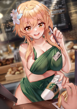 1girl :d apron arm_under_breasts artist_name banana bare_arms bare_shoulders barista blonde_hair blush bottomless breasts breasts_squeezed_together cleavage collarbone cup disposable_cup dutch_angle english_text female_focus flower food fruit genshin_impact green_apron hair_between_eyes hair_flower hair_ornament hand_up highres holding holding_cup holding_pen iced_latte_with_breast_milk_(meme) id_card indoors large_breasts light_particles light_rays looking_at_viewer lumine_(genshin_impact) meme menu menu_board mole mole_on_breast nail_polish naked_apron name_tag open_mouth pen pink_nails shiny_skin short_hair_with_long_locks smile solo squchan starbucks topless_female white_flower yellow_eyes