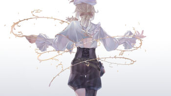 Rule 34 | 1boy, androgynous, argyle clothes, argyle pantyhose, backless outfit, beret, black corset, black shorts, blonde hair, bow, commentary request, corset, cowboy shot, drill hair, drill ponytail, edgar valden, edgar valden (golden ratio), facing away, frilled sleeves, frills, from behind, gold trim, half capelet, hat, highres, holding, holding paintbrush, identity v, kazuki (ashmoon), male focus, official alternate costume, orange bow, paintbrush, puffy shorts, puffy sleeves, shirt, shorts, single leg pantyhose, solo, striped clothes, striped shorts, vertical-striped clothes, vertical-striped shorts, white background, white hat, white shirt