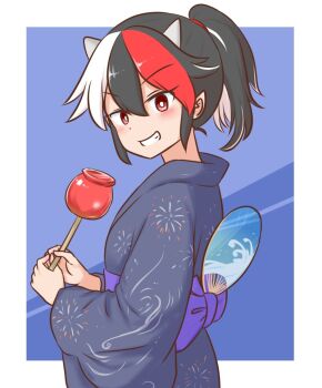 1girl alternate_costume black_streaks blue_kimono blush bow candy_apple commentary_request cowboy_shot food grin half_updo hand_fan holding holding_candy_apple holding_food japanese_clothes kijin_seija kimono looking_at_viewer looking_to_the_side mizusoba multicolored_hair ponytail purple_bow purple_sash red_hair red_streaks sash short_hair short_ponytail smile solo streaked_hair touhou v-shaped_eyebrows waist_bow white_streaks yukata