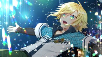 1boy blonde_hair blue_background blue_jacket buttons collarbone collared_jacket cowboy_shot dutch_angle flipped_hair floating floating_hair green_eyes green_pants grey_shirt highres jacket layered_sleeves lens_flare light_particles long_sleeves male_focus mise_yuzuki nijisanji open_hand open_mouth outstretched_arms pants plaid_clothes plaid_jacket ribbed_shirt shiny_eyes shirt short_hair short_over_long_sleeves short_sleeves sidelocks sleeves_past_wrists solo sparkle sparkling_eyes spread_arms uzuki_kou uzuki_kou_(1st_costume) v-neck virtual_youtuber white_jacket