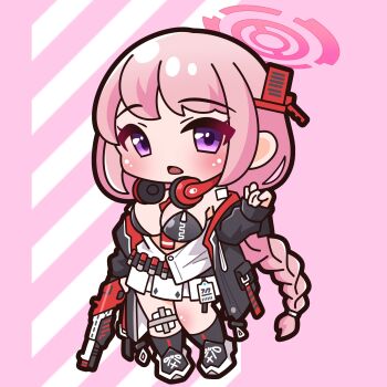 Rule 34 | 1girl, absurdres, bare shoulders, black jacket, black shoes, black socks, blue archive, blush, braid, breasts, chibi, commentary, eimi (blue archive), full body, halo, headphones, headphones around neck, highres, jacket, large breasts, long hair, long sleeves, looking at viewer, open clothes, open jacket, open mouth, pink background, pink hair, pleated skirt, puffy long sleeves, puffy sleeves, purple eyes, saishosaisekojo, shoes, skirt, sleeves past wrists, socks, solo, standing, very long hair, white skirt