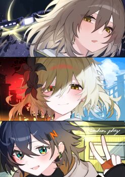 3girls absurdres belle_(zenless_zone_zero) black_flower blonde_hair blue_eyes blue_hair blush closed_mouth crossed_bangs ear_piercing eyelashes fingerless_gloves flower genshin_impact gloves grey_hair hair_between_eyes hair_flower hair_ornament highres honkai:_star_rail honkai_(series) jewelry looking_at_viewer lumine_(genshin_impact) magnet_8_8 mihoyo multiple_girls open_mouth piercing space stelle_(honkai:_star_rail) trailblazer_(honkai:_star_rail) train v yellow_eyes zenless_zone_zero