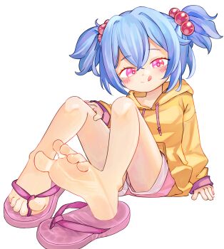 1girl barefoot blue_hair chaosexceed commentary feet foot_focus hair_bobbles hair_ornament highres hood hoodie original paid_reward_available pink_eyes pink_shorts shorts soles solo toes tongue tongue_out white_background