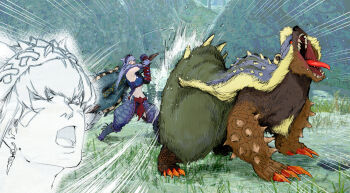 Rule 34 | 1girl, absurdres, artist request, arzuros, baggy pants, closed eyes, commentary request, cut-in, earrings, elbow gloves, facepaint, fishnet top, fishnets, gloves, golden kamuy, hairband, highres, hitting, hunting horn, jewelry, monster, monster hunter (series), nargacuga (armor), open mouth, pants, parody