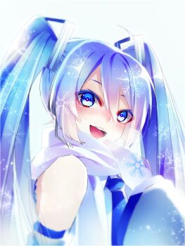 1055 1girl ahoge blue_necktie blue_trim blush commentary_request detached_sleeves hair_between_eyes hair_ornament hatsune_miku headset highres long_hair looking_at_viewer mittens necktie open_mouth scarf shirt sleeveless sleeveless_shirt smile snowflake_print solo twintails very_long_hair vocaloid white_mittens white_scarf wide_sleeves yuki_miku yuki_miku_(2011)
