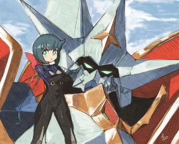 1girl black_bodysuit black_hair blue_bodysuit bodysuit bow cloud cloudy_sky commentary constanze_amalie_von_braunschbank-albrechtsberger crossed_arms green_eyes hair_bow highres little_witch_academia looking_at_viewer mecha mecha_pilot_suit mecha_request multicolored_bodysuit nagilamagykalz red_bow robot short_hair signature sky solo standing two-tone_bodysuit