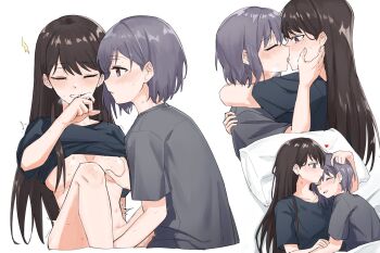 2girls bang_dream! bang_dream!_it&#039;s_mygo!!!!! bite_mark bite_mark_on_breast bite_mark_on_shoulder black_hair black_shirt blush brown_eyes closed_eyes commentary_request couple french_kiss ggxc grey_hair grey_shirt groping heart hickey highres hug implied_fingering kiss long_hair multiple_girls no_bra open_mouth pillow purple_eyes shiina_taki shirt short_hair sweat takamatsu_tomori tearing_up yuri