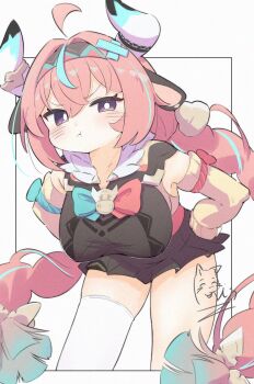 1girl ahoge animal_ears braid breasts commentary_request cow_ears cow_horns genshin_impact hairband highres horns inaririn large_breasts leaning_forward long_hair pink_hair pout purple_eyes signature single_thighhigh thighhighs twin_braids varesa_(genshin_impact)