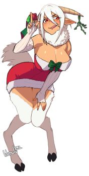 1girl 2018 :q animal_ears animal_legs artist_name blush bow breasts brown_horns cleavage clip_studio_paint_(medium) closed_mouth commentary condom condom_packet_strip condom_wrapper dark-skinned_female dark_skin dress elbow_gloves english_commentary fingerless_gloves full_body fur-trimmed_dress fur_trim gloves goat_ears goat_girl goat_horns goat_tail green_bow hair_between_eyes holding holding_condom hooves horizontal_pupils horn_ornament horns large_breasts leaning_forward lilirulu long_bangs looking_afar mistletoe monster_musume_no_iru_nichijou pointy_ears red_dress red_eyes saane_(monster_musume) satyr short_hair simple_background smile solo strapless strapless_dress striped_clothes striped_gloves tail tongue tongue_out transparent_background white_gloves white_hair