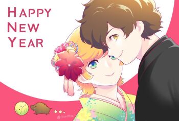 1boy 1girl aiya_kyuu artist_name audrey_burne banagher_links blonde_hair boar brown_eyes brown_hair close-up commentary_request flower green_eyes gundam gundam_unicorn hair_flower hair_ornament happy_new_year haro japanese_clothes kimono new_year short_hair simple_background smile