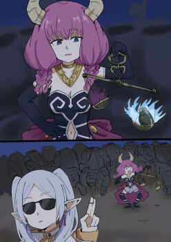 2girls absurdres aura_(sousou_no_frieren) aura_bullying_(meme) bare_shoulders black_gloves black_shirt black_thighhighs blue_eyes braid breasts cleavage demon_girl demon_horns dress elbow_gloves elf explosive frieren gloves grenade grenade_pin hair_between_eyes highres holding_scale horns jacket long_hair multiple_girls navel open_mouth parted_bangs pointy_ears purple_dress shirt sidelocks skirt sleeveless sleeveless_shirt sousou_no_frieren strapless strapless_shirt sunglasses tenten_(chan4545) thighhighs twintails white_hair white_jacket white_skirt