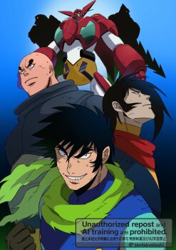 3boys armor bald black_hair blue_background blue_bodysuit bodysuit clenched_hand commentary_request getter_1_(new_getter_robo) getter_2_(new_getter_robo) getter_3_(new_getter_robo) getter_robo green_scarf hand_up highres jin_hayato light_frown looking_at_viewer male_focus mecha mecha_pilot_suit multicolored_armor multicolored_bodysuit multiple_boys musashibou_benkei_(getter_robo) nagare_ryoma new_getter_robo profile qing_(sankakuosushi) red_armor red_bodysuit robot scarf short_hair sideburns silhouette spiked_hair super_robot torn_clothes torn_scarf two-tone_bodysuit upper_body v-shaped_eyebrows white_armor yellow_armor yellow_eyes