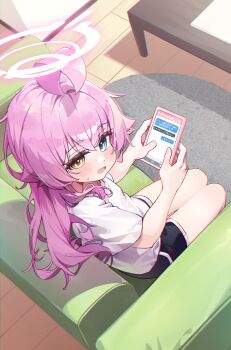1girl absurdres ahoge black_shorts blue_archive blue_eyes blush capry commentary_request fang halo heterochromia highres holding hoshino_(blue_archive) long_hair phone pink_hair pink_halo shirt shorts solo white_shirt yellow_eyes