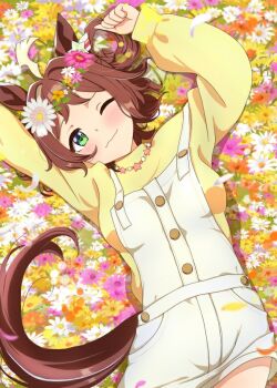 1girl ahoge animal_ears blush breasts casual commentary_request field flower flower_field green_eyes hair_between_eyes hair_ornament head_wreath horse_ears horse_girl looking_at_viewer medium_breasts medium_hair one_eye_closed petals relaxing rhein_kraft_(casual)_(umamusume) rhein_kraft_(umamusume) shachikunoosamu smile umamusume