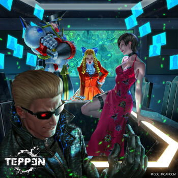 2boys 2girls animal_print arm_support armor ascot bare_arms bare_shoulders black_choker black_gloves black_hair black_hat black_jacket blonde_hair bloom blue_bow bow breasts brown_eyes butterfly_print capcom chair character_request choker copyright_notice crossed_arms cyborg dress eyes_visible_through_eyewear frilled_sleeves frills gloves glowing glowing_eye hair_bow hair_slicked_back hand_on_table hand_up hat high_collar highres holographic_monitor holster indoors jacket leaning_on_table light_particles lips long_hair looking_at_viewer map medium_breasts monitor multiple_boys multiple_girls multiple_monitors nose official_art open_mouth print_dress profile red_dress red_eyes red_jacket ringlets screen short_hair shoulder_armor shoulder_spikes smile spikes standing standing_on_one_leg sunglasses table teppen thigh_holster white_ascot yu_cheng_hong