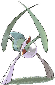 1other arm_blade colored_skin fighting_stance gallade gen_4_pokemon grass green_hair hair_between_eyes inumura_(inu_noya) leaning_forward looking_ahead mohawk multicolored_skin nintendo on_grass outstretched_arms pokemon pokemon_(creature) pokemon_focus red_eyes spread_legs two-tone_skin weapon white_background wide_hips wide_spread_legs