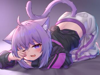1girl absurdres ahoge animal_ears bad_id bad_twitter_id barefoot bent_over black_hoodie blue_eyes blue_hair blush cat_ears cat_girl cat_tail deaver fang hand_up highres hololive hood hoodie long_sleeves looking_at_viewer medium_hair nekomata_okayu nekomata_okayu_(1st_costume) open_mouth pants sidelocks simple_background smile solo tail tongue virtual_youtuber white_pants