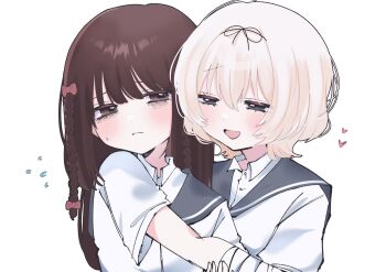 2girls babumi_roriko bandaged_arm bandages black_ribbon blue_eyes collared_shirt flying_sweatdrops hanamura_hinako hashtag-only_commentary heart highres kitanai_kimi_ga_ichiban_kawaii long_hair looking_at_another multiple_girls open_mouth ribbon sailor_collar school_uniform sezaki_airi shirt short_hair tagme upper_body white_hair white_shirt