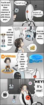 1girl 4koma aged_down alternate_language aperture_science_handheld_portal_device black_hair blue_eyes cheese chell comic english_text flash_gordon food hard-translated heart laser music musical_note portal portal_(series) portal_1 portal_2 queen_(band) robot sentry_turret_(portal) singing spoken_heart swiss_cheese third-party_edit translated uotapo wheatley