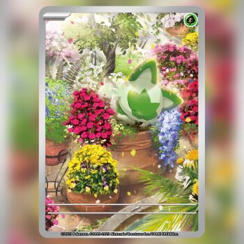 animal_focus card_(medium) cat closed_eyes commentary company_name copyright_name copyright_notice english_commentary flower light_particles lying nintendo no_humans official_art outdoors plant pokemon pokemon_(creature) pokemon_card pokemon_focus pokemon_tcg potted_plant saitou_kouki sleeping solo sprigatito textless_version third-party_source trading_card tree