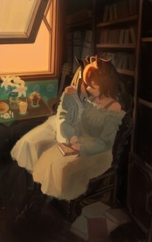 2girls absurdres agnes_tachyon_(umamusume) ahoge animal_ears black_hair blue_cardigan blue_shirt book book_on_lap bookshelf bra_strap brown_hair cabinet cardigan chair closed_eyes closed_mouth cup drinking_straw ear_ornament ear_tag earrings grey_hair guitar hair_between_eyes highres horse_ears horse_girl ice instrument jewelry long_bangs long_hair_between_eyes long_sleeves manhattan_cafe_(umamusume) medium_hair multicolored_hair multiple_girls off-shoulder_shirt off_shoulder on_chair open_cardigan open_clothes open_window plate shirt shirt_tucked_in single_earring single_off_shoulder sitting skirt sleeveless sleeveless_shirt smile sugar_cube umamusume venturitube white_shirt white_skirt window yellow_skirt yuri
