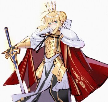 Rule 34 | 1girl, ahoge, armor, artoria pendragon (fate), blonde hair, breastplate, breasts, cloak, commentary, crown, english commentary, fate/grand order, fate (series), fur-trimmed cloak, fur trim, gold armor, green eyes, highres, looking at viewer, lord logres (fate), princess ailish, red cloak, short hair, solo, sword, weapon